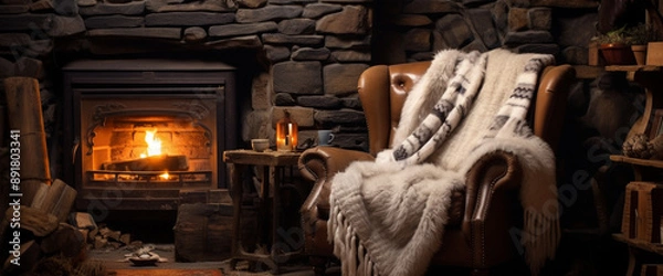 Fototapeta A cozy bohemian armchair nestled beside a roaring fireplace, with a stack of firewood nearby and a warm knit blanket draped over the back.