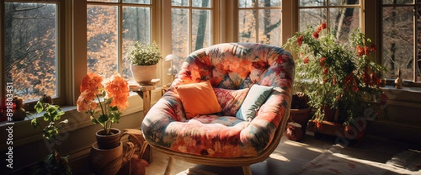 Fototapeta A cozy bohemian armchair nestled in the corner of a sunlit room, surrounded by floor-to-ceiling windows offering views of nature's beauty.