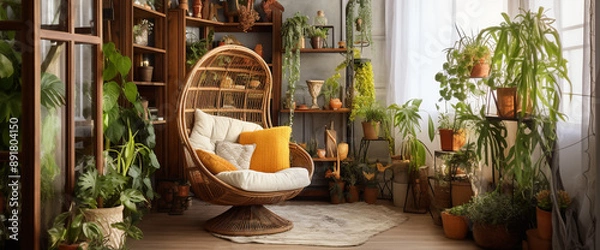 Fototapeta A cozy boho armchair nestled in a corner alcove, surrounded by shelves filled with plants and bohemian-inspired d?(C)cor for a nature-infused retreat.