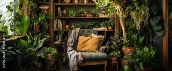 Fototapeta A cozy boho armchair nestled in a corner alcove, surrounded by shelves filled with plants and bohemian-inspired d?(C)cor for a nature-infused retreat.