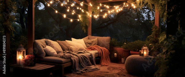 Fototapeta A cozy bohemian armchair positioned beneath a canopy of string lights, creating a magical outdoor seating area for stargazing and relaxation.