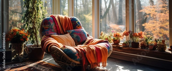 Fototapeta A cozy bohemian armchair nestled in the corner of a sunlit room, surrounded by floor-to-ceiling windows offering views of nature's beauty.