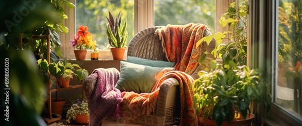 Fototapeta A cozy boho armchair placed next to a sunlit window, adorned with colorful throw pillows and surrounded by lush green plants.
