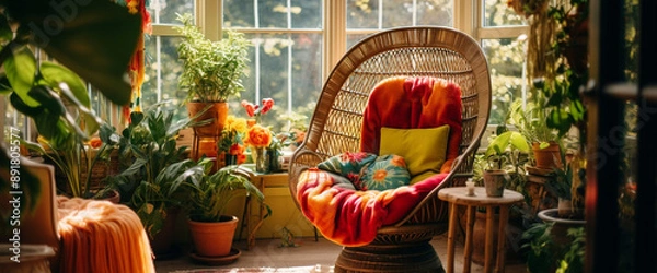 Fototapeta A cozy boho armchair placed next to a sunlit window, adorned with colorful throw pillows and surrounded by lush green plants.