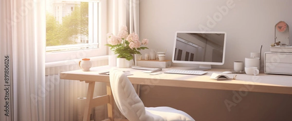 Fototapeta A cozy corner featuring a minimalist white computer table bathed in soft, ambient light. The simple, uncluttered design creates an atmosphere of calm and focus.