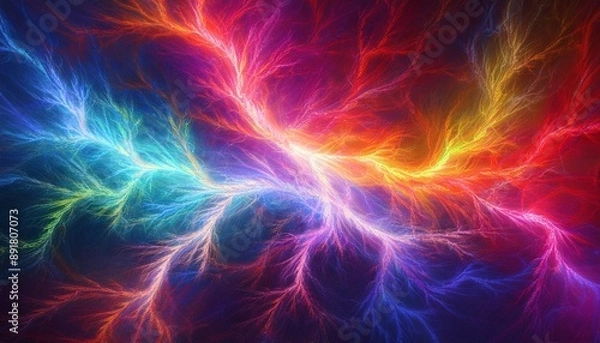 Fototapeta Colorful lightning background, red yellow blue purple lightning effects, colorful thunderstorm, Rainbow lightning effect. electric texture, banner