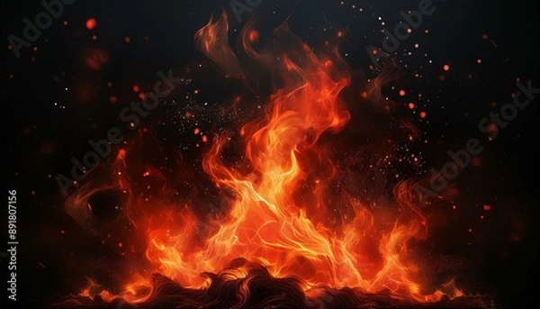 Obraz Fire with particles on black background, red fire, fire in the night, Fire flames on black background