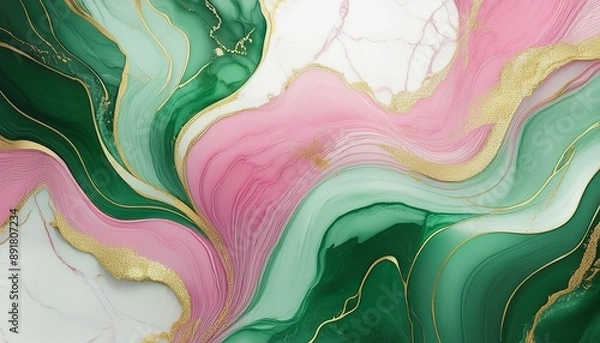 Fototapeta green pink marble with gold veins on white background. Natural pattern. luxury wallpaper. green pink swirls gold painted lines liquid ink marble abstract background texture, poster, mural, bannertn