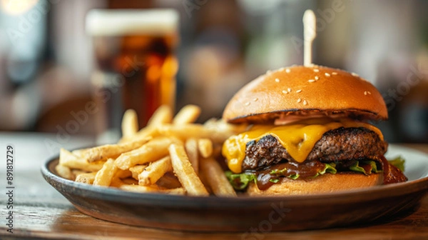 Fototapeta Closeup of a juicy beef cheeseburger with melted cheese and crispy fries on a rustic plate, set on a wooden table with a cold soda in the background.