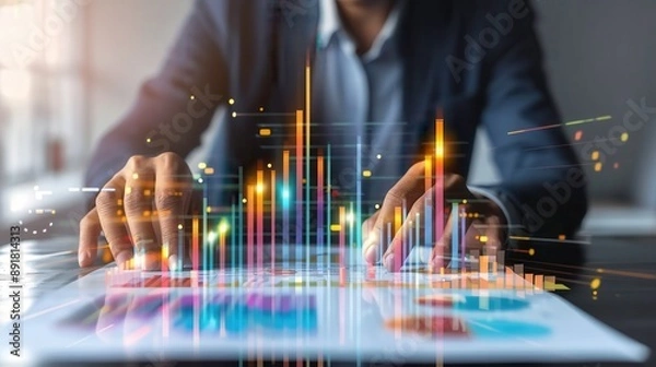 Fototapeta A professional analyzing data trends on a digital tablet with graphs and charts, representing modern business analytics.