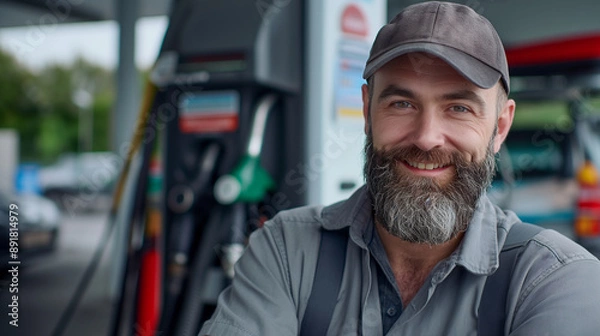 Fototapeta Gas station worker, middle-aged with a beard, dressed in a gray uniform and cap, smiling confidently at the camera. Background features a modern car and petroleum fuel pumps.