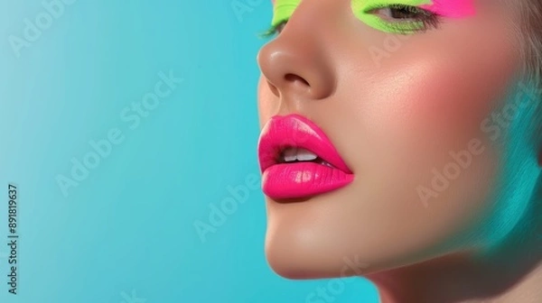 Fototapeta A dramatic neon makeup look, emphasizing the model's eyes and lips with vivid colors that pop under blacklight, perfect for projects seeking a bold and edgy aesthetic.