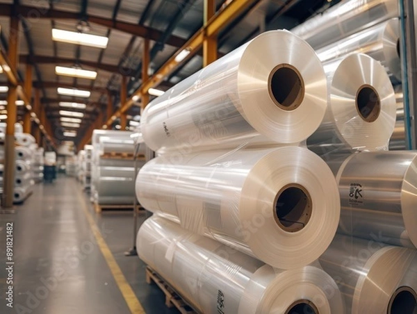 Obraz Rolls of polyethylene sheets stacked neatly in a warehouse, showcasing their industrial packaging and applications.
