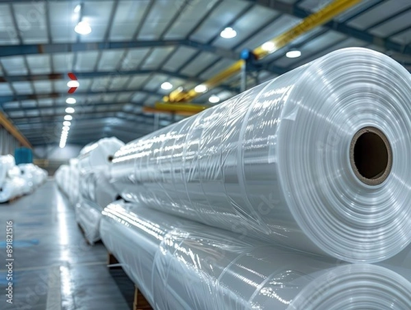 Fototapeta Rolls of polyethylene sheets stacked neatly in a warehouse, showcasing their practical packaging and applications.
