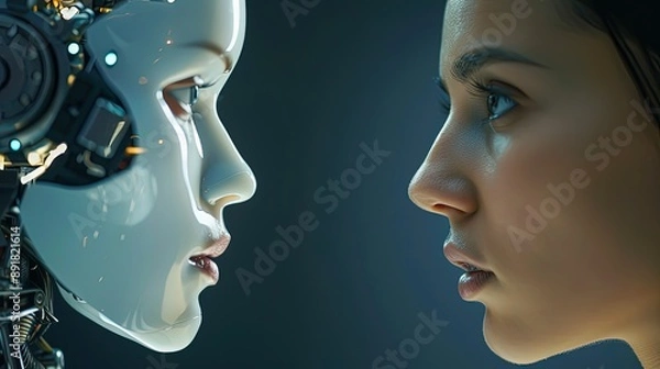 Fototapeta Woman in her thirties looking at a female humanoid mecha robot that is her digital bio-mechanical reflection in the future world, Generative Ai 