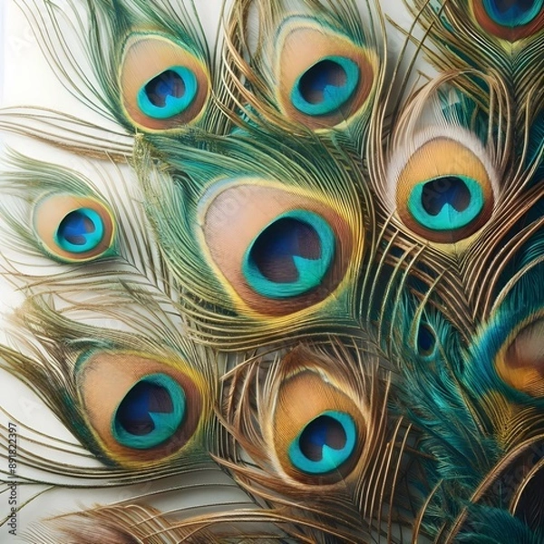 Fototapeta Close Up of Peacock Feathers With Eye Spots, beautiful background