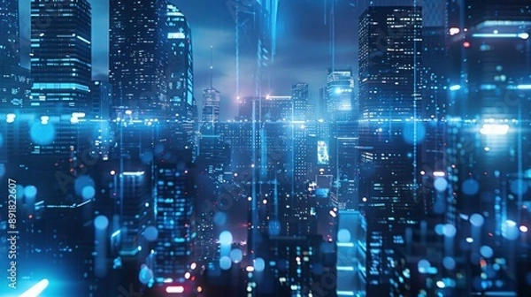 Fototapeta Futuristic Cityscape with Digital Lines and Lights