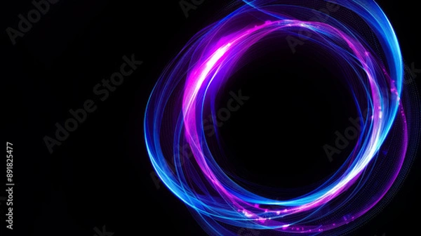 Fototapeta Airy digital neon blue and purple tech circle on black background, copy space. Science, futuristic digital technologies concept.