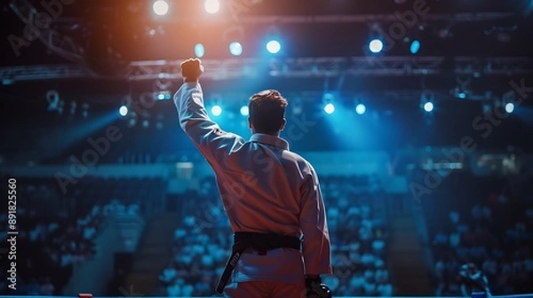 Fototapeta A jiu-jitsu competitor standing victorious after a match, raising their hand in triumph.