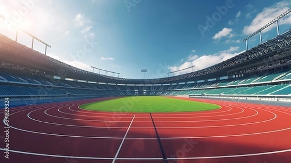 Fototapeta A track and field stadium with a bright red running track and green infield, surrounded by empty stands.