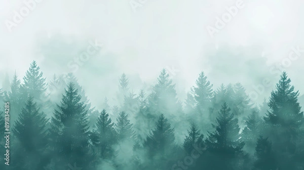 Fototapeta Misty Morning Fog in the Mountain Forest with Snow and Pine Trees
