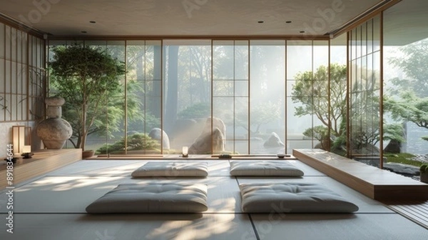 Fototapeta The image is a beautiful, minimalist room with a large window looking out onto a garden