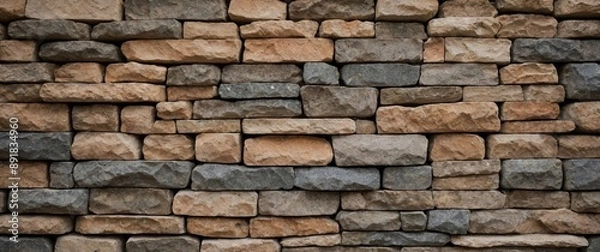 Fototapeta Decorative, uneven stone cladding made of natural materials is being presented in a sample palette for building facade decoration.