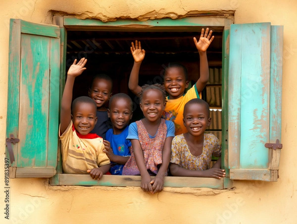 Fototapeta Group of african children smiling and waving from a colorful window	