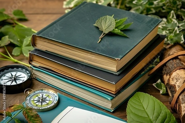Fototapeta A stack of environmental science books and field notebooks, with plant samples and a compass on an environmental scientist's table.