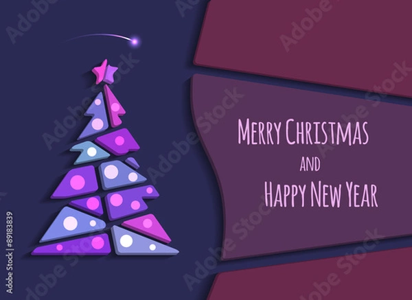 Fototapeta Merry Christmas and Happy New Year greeting card. Vector modern christmas tree background with space for text. Abstract illustration.