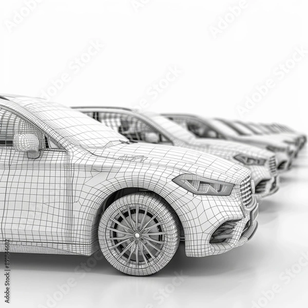 Fototapeta Cars for sale are shown in 3D on a white background. This is a way for car dealers to show what they have. The cars are made up of lines, dots, and polygons.