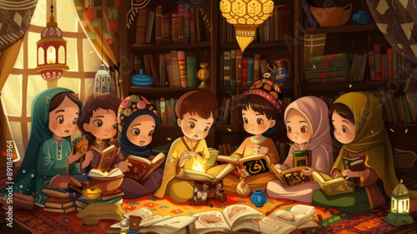 Fototapeta Group of Children Studying in a Traditional Middle Eastern Library