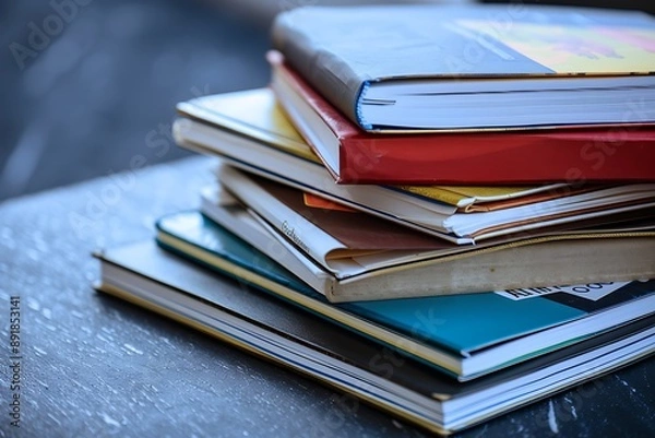 Fototapeta A stack of journalism textbooks and news reporting notebooks, highlighting media ethics and investigative journalism.