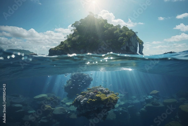 Fototapeta Stunning Tropical Island and Coral Reef Underwater View