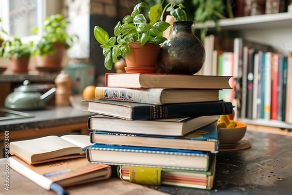 Fototapeta A stack of recipe books and cooking notebooks, showcasing culinary creativity and gastronomic exploration.