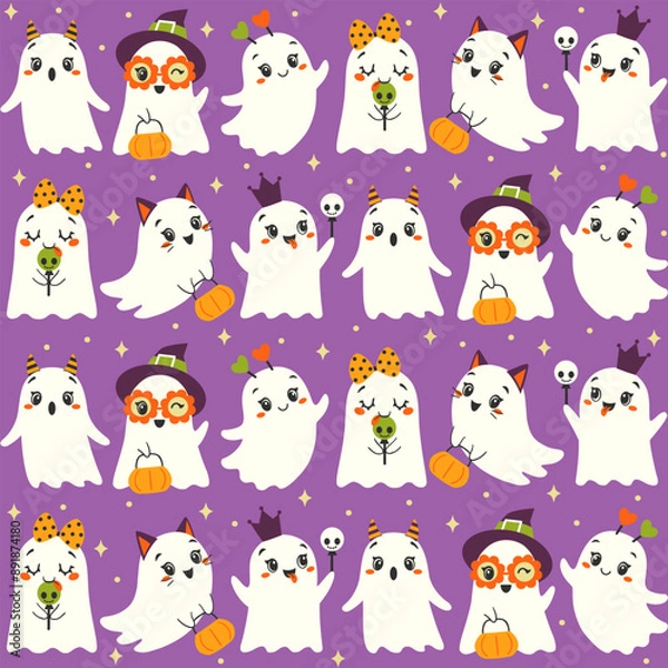 Fototapeta Vector set and seamless pattern of cute girl ghosts in costumes on purple background in cartoon flat style for Halloween designs, wrapping paper, packaging, fabric.