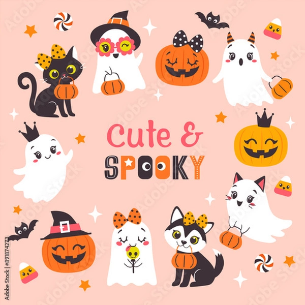 Obraz Vector set of girly Halloween characters and letterings on pink background. Cute ghosts, pumpkins, black cat and dog in cartoon flat style for kids design.