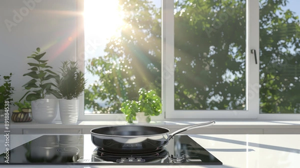 Fototapeta A new steel frying pan on a black mirrored gas stove within a white interior. A large window in the background lets in bright sunlight and reveals a lush green tree outside.