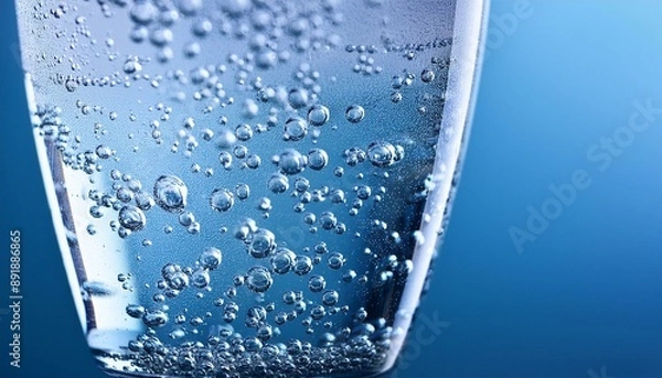 Fototapeta  Close-up of lively bubbles in a glass of chilled sparkling water, with a minimalistic, soft