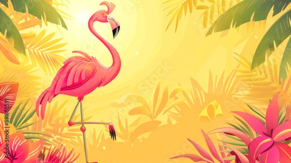 Fototapeta Pink flamingo standing on one leg in tropical jungle