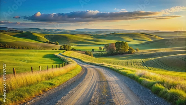 Fototapeta Serene rural landscape featuring a winding gravel road surrounded by rolling hills, vast open fields, and a clear blue sky perfect for creative compositions.