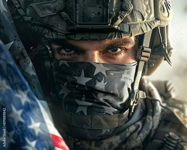 Obraz Close-up brutal modern American soldier with flag of USA, warrior with armor