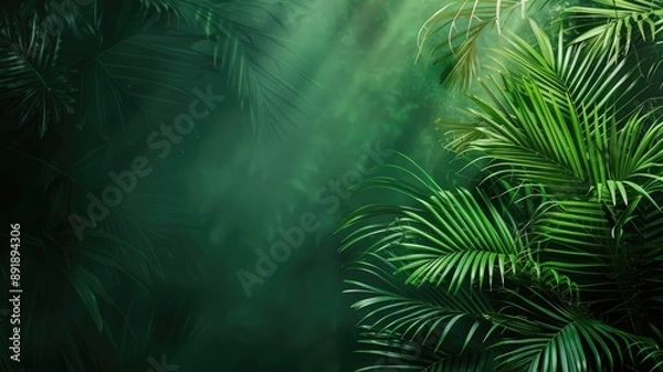 Obraz Lush green tropical foliage with sunlight filtering through, creating serene jungle ambiance