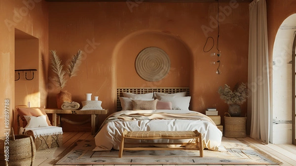 Obraz Mediterranean Bedroom with Terracotta Decor Mockup 
