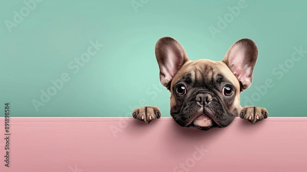 Fototapeta Adorable French Bulldog Puppy Peeking Over Colorful Wall, Cute Pet Portrait, Playful Dog Expression, Charming Canine, Bright Background, Puppy Eyes, Frenchie, Pet Photography, Animal Lovers.