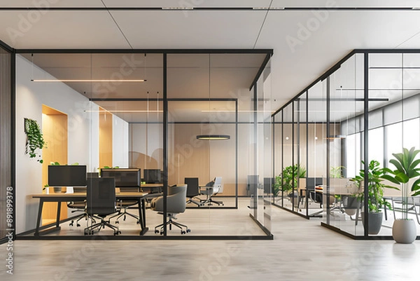 Fototapeta Contemporary Office Space with Glass Partitions Mockup 
