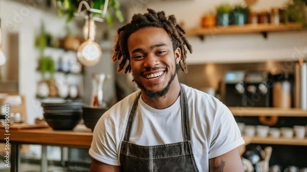 Fototapeta A young Black man with dreadlocks smiles while wearing an apron at a coffee shop