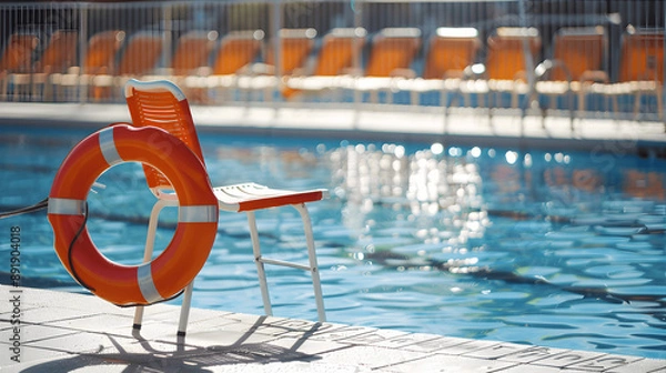 Obraz Close-up of lifeguard chair and rescue tube beside pool with glistening water