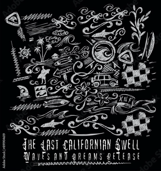 Obraz Sketch style illustration of elements related to surfing and summer culture.