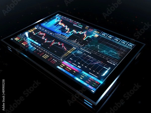 Fototapeta Digital tablet displaying financial trading chart, dark background, futuristic technology concept, 3D rendering,